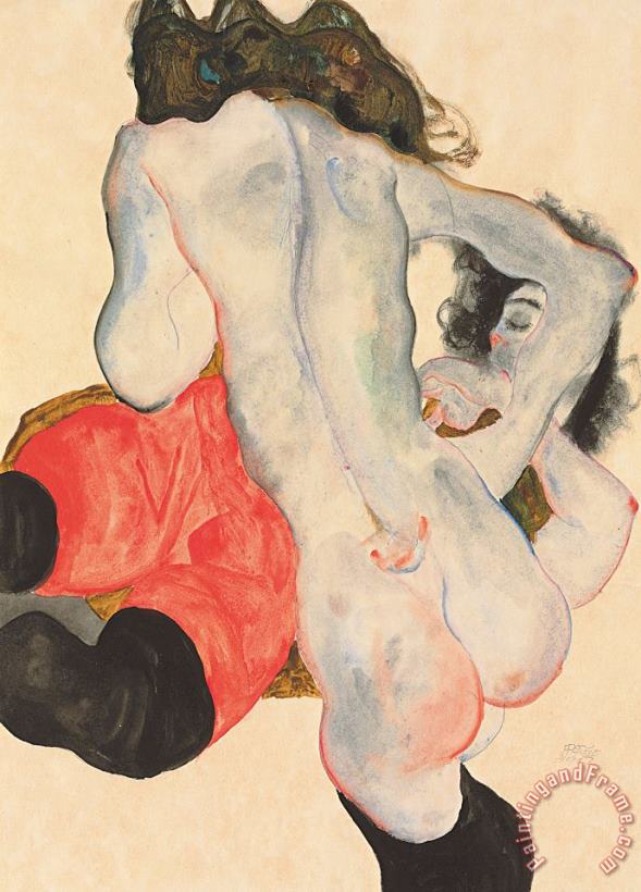 Egon Schiele Reclining woman in red trousers and standing female nude Art Print