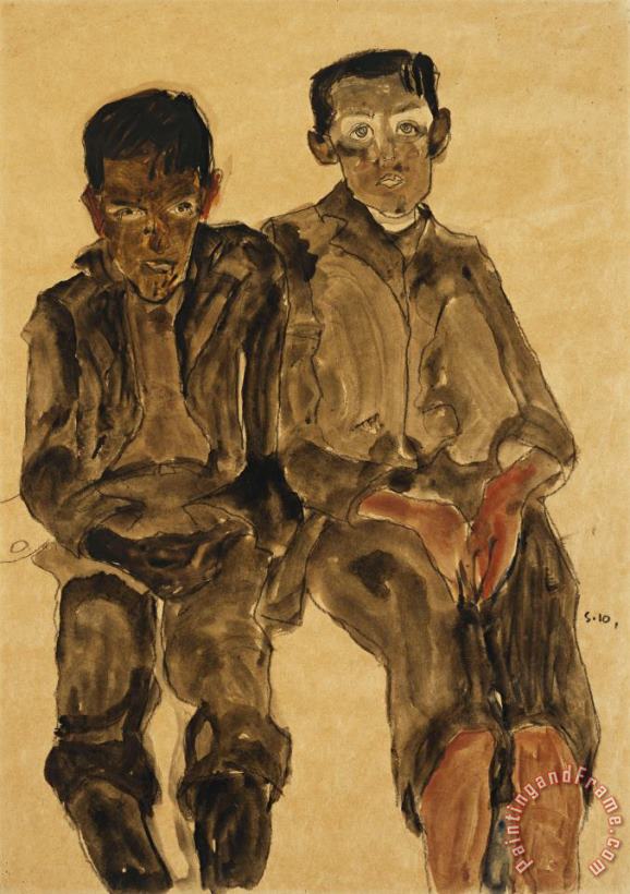 Egon Schiele Two Seated Boys Art Painting