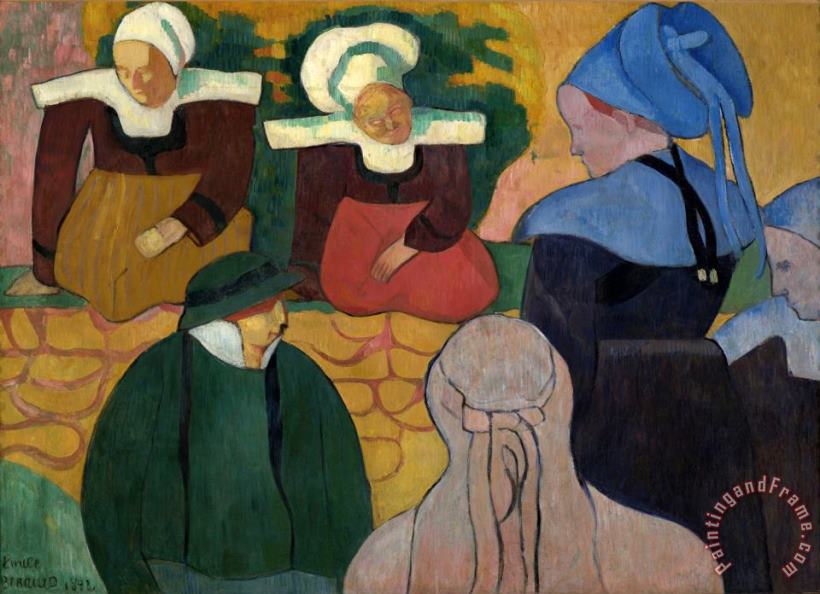 Breton Women at a Wall painting - Emile Bernard Breton Women at a Wall Art Print