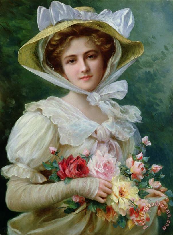 Emile Vernon Elegant lady with a bouquet of roses Art Print