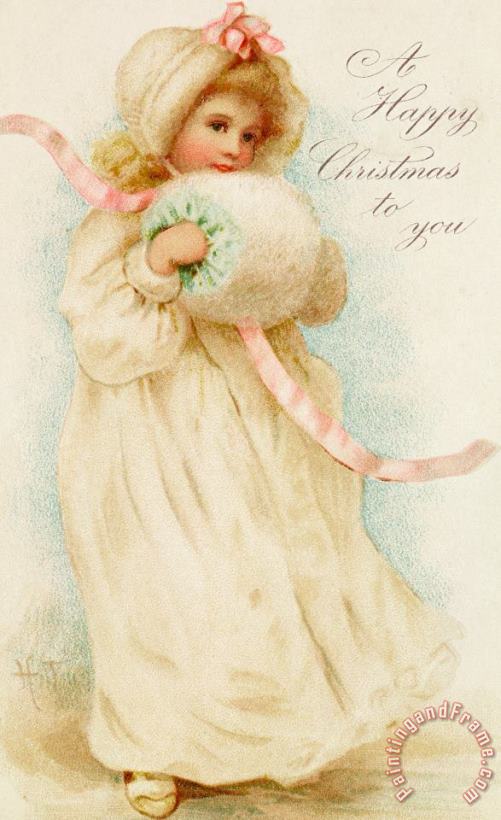 Christmas card depicting a girl with a muff painting - English School Christmas card depicting a girl with a muff Art Print