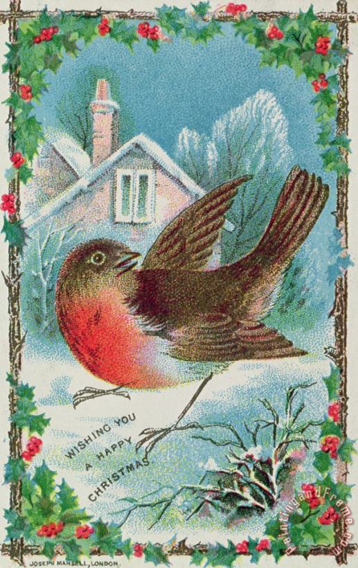 Christmas card depicting a robin painting - English School Christmas card depicting a robin Art Print