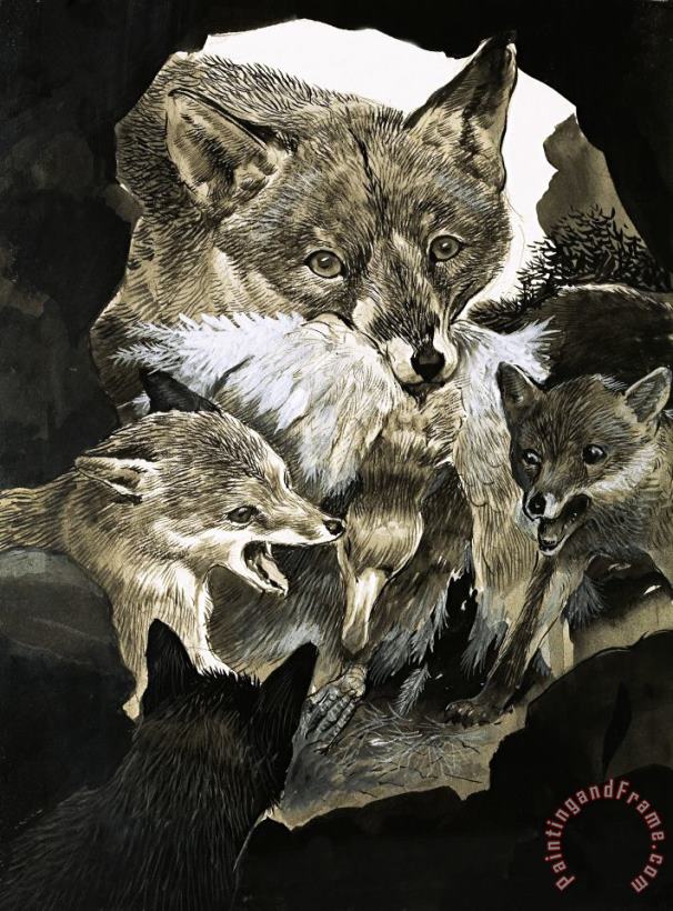 English School Fox delivering food to its cubs Art Print