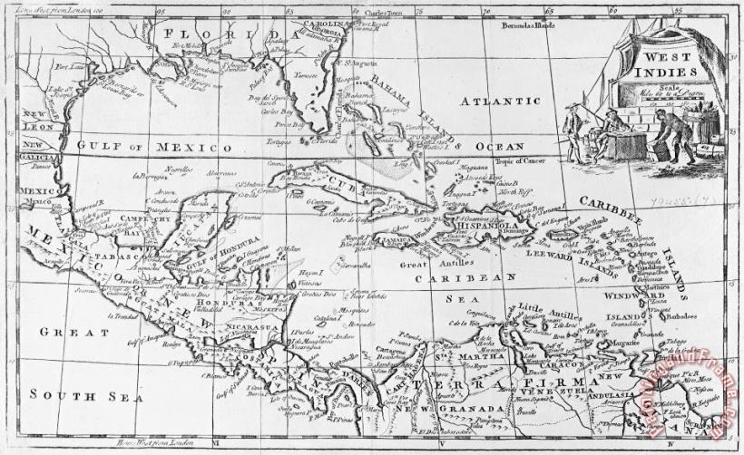 English School Map of the West Indies Florida and South America Art Painting