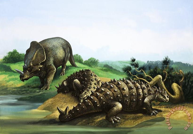 Monoclonius and Scolosaurus painting - English School Monoclonius and Scolosaurus Art Print