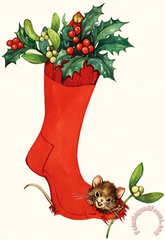 English School Mouse In A Christmas Sock Art Print