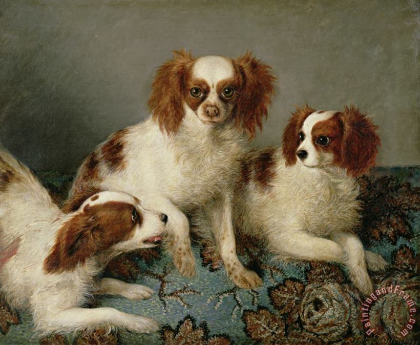 Three Cavalier King Charles Spaniels on a Rug painting - English School Three Cavalier King Charles Spaniels on a Rug Art Print