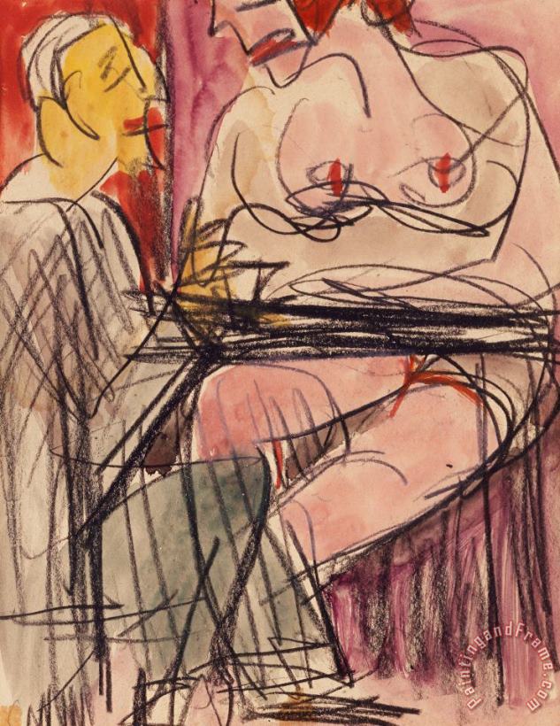 Female Nude And Man Sitting At A Table painting - Ernst Ludwig Kirchner Female Nude And Man Sitting At A Table Art Print