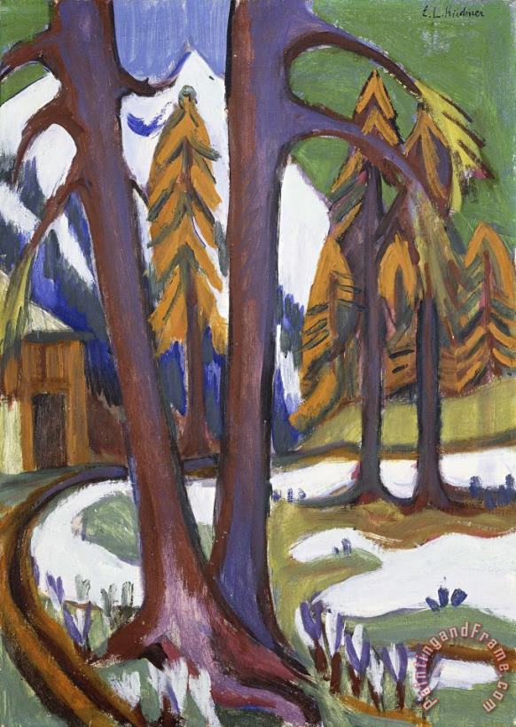 Mountain Early Spring with Larchen painting - Ernst Ludwig Kirchner Mountain Early Spring with Larchen Art Print