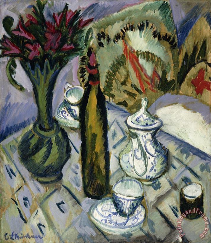 Ernst Ludwig Kirchner Teapot Bottle And Red Flowers Art Print