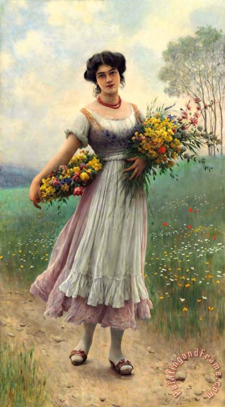 Eugen von Blaas A Maiden Gathering Flowers, 1912 Art Painting