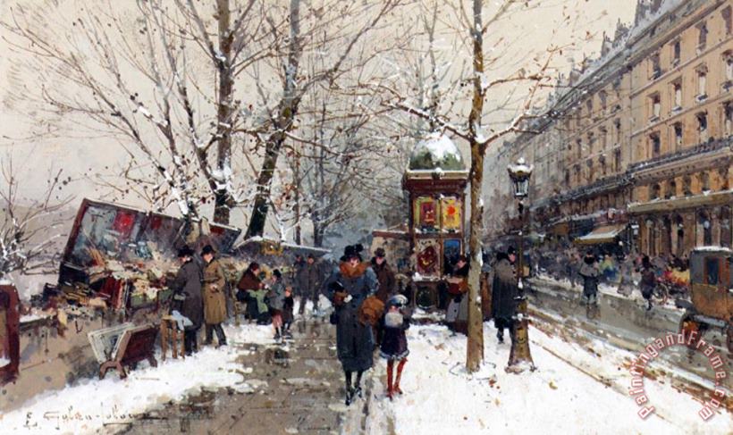 Bookstalls In Winter Paris painting - Eugene Galien-Laloue Bookstalls In Winter Paris Art Print
