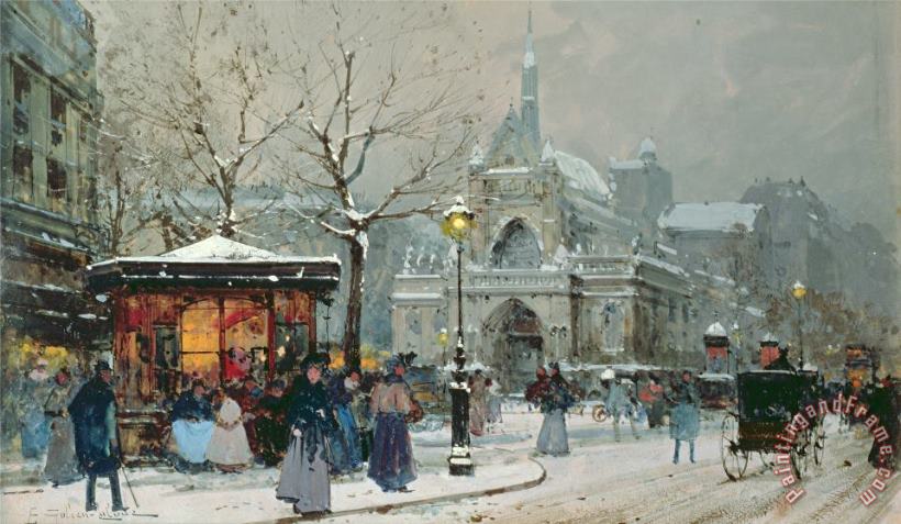 Eugene Galien-Laloue Snow Scene In Paris Art Print