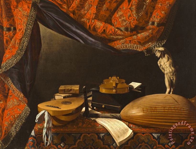 Evaristo Baschenis Still Life with Musical Instruments, Books And Sculpture Art Painting