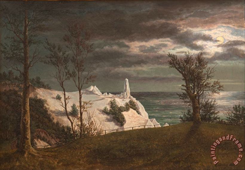 The Summer Spire on The Chalk Cliffs of The Island Mon. Moonlight painting - F. Sodring The Summer Spire on The Chalk Cliffs of The Island Mon. Moonlight Art Print
