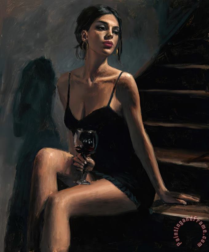 Fabian Perez Girl with Red at Stairs II Art Painting