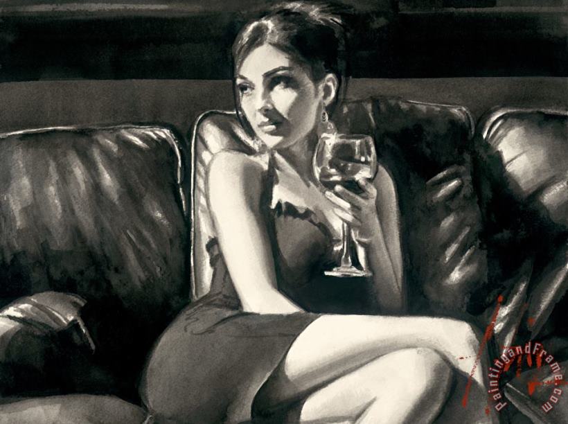 Fabian Perez Tess on Leather Couch with Red Wine Art Painting