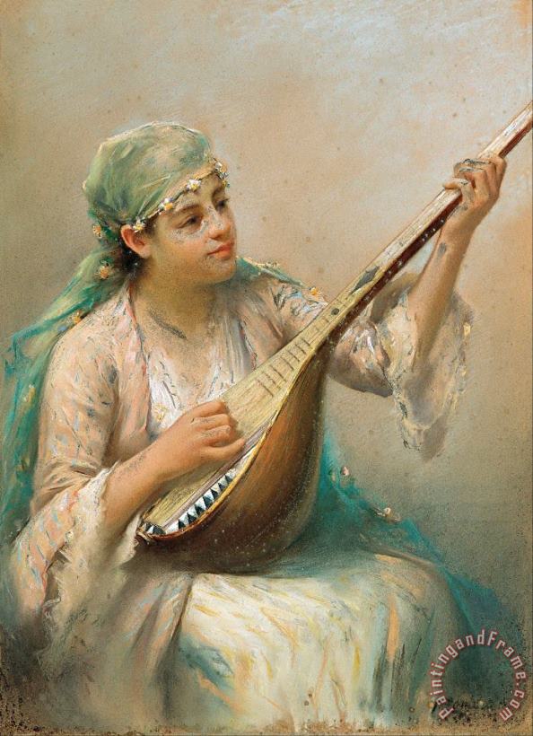 Fausto Zonaro Woman Playing a String Instrument Art Print