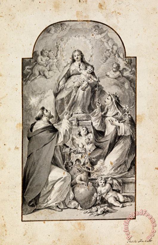 Fedele Fischetti Design for an Altar Painting Saint Dominic And Saint Catherine of Siena Receiving The Rosary From... Art Painting