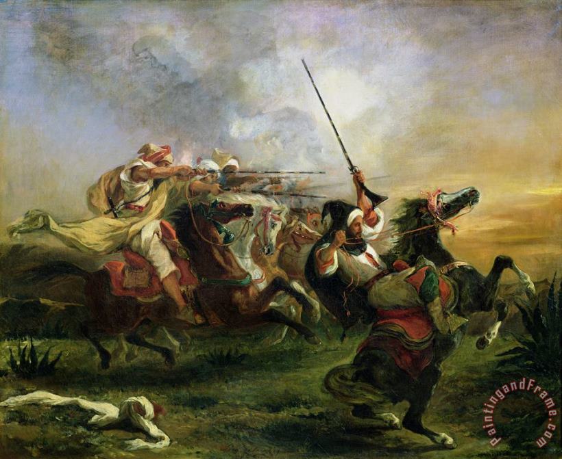 Moroccan horsemen in military action painting - Ferdinand Victor Eugene Delacroix Moroccan horsemen in military action Art Print
