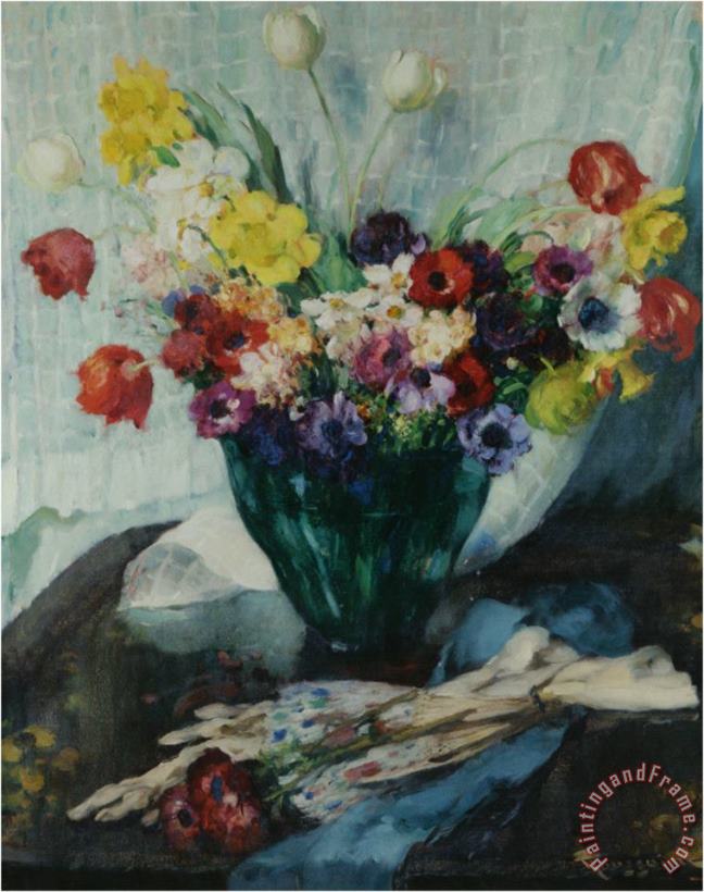 Fernand Toussaint Vase De Fleurs Et Rideau Blanc Art Painting