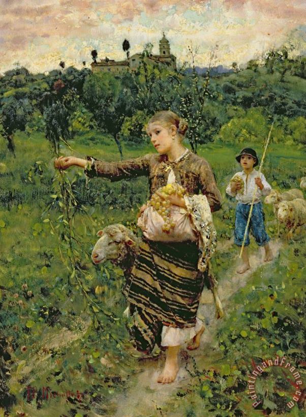 Francesco Paolo Michetti Shepherdess carrying a bunch of grapes Art Painting