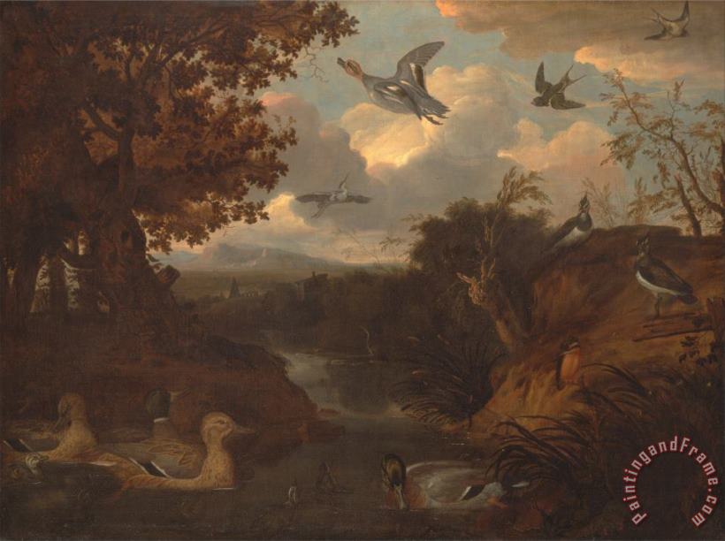 Francis Barlow Ducks And Other Birds About a Stream in an Italianate Landscape Art Painting