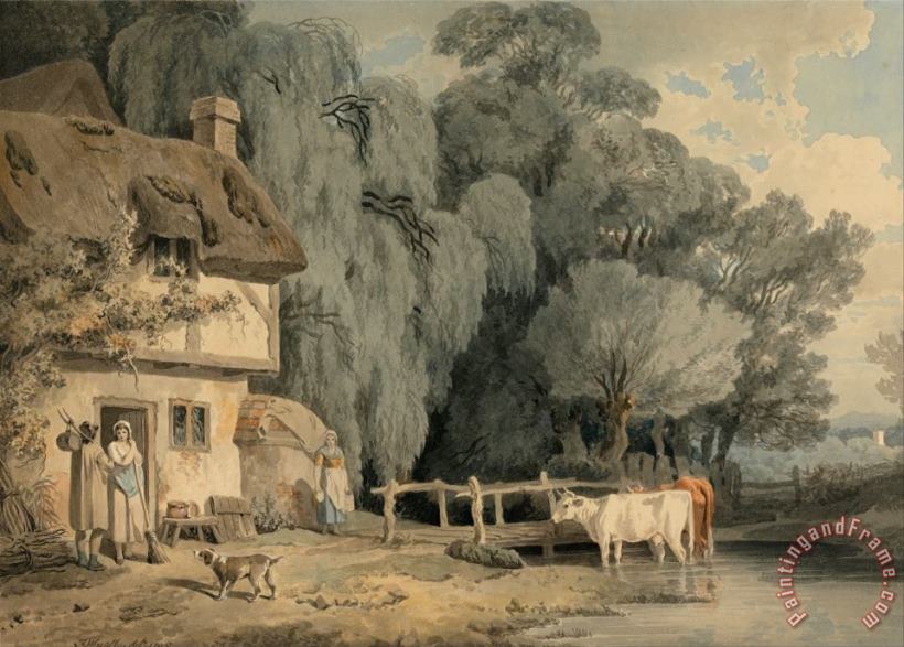 Francis Wheatley Country Scene Figures by a Cottage Door And Cattle in a Stream Art Print