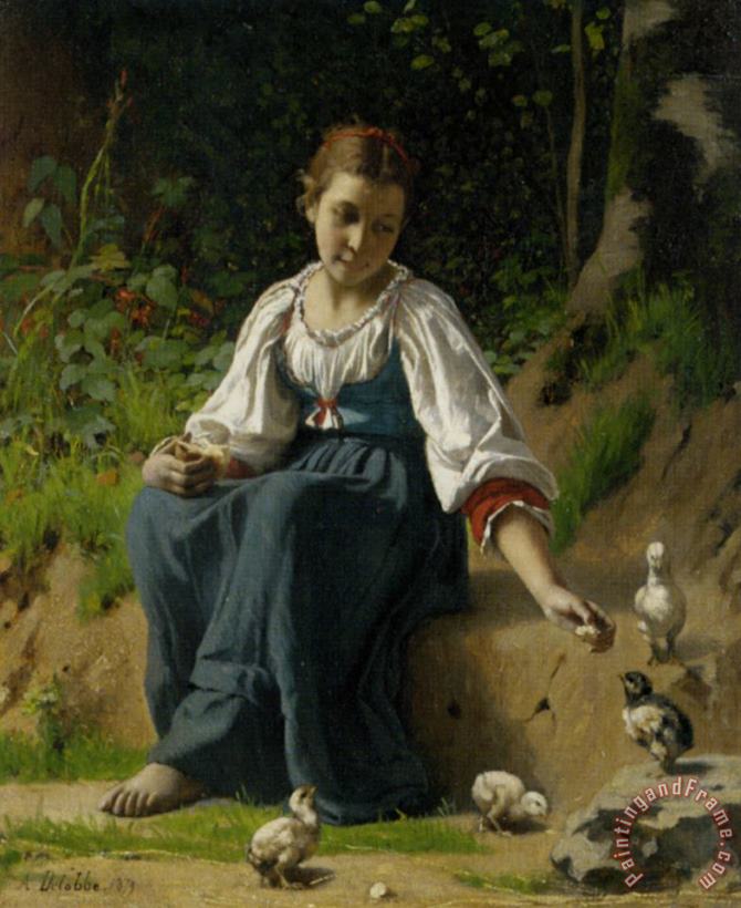 Francois Alfred Delobbe Young Girl Feeding The Baby Chicks Art Painting