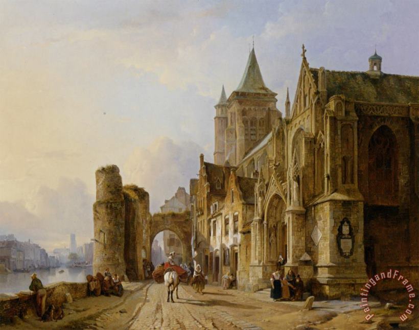 Francois Antoine Bossuet Figures in The Streets of a Riverside Town Art Painting