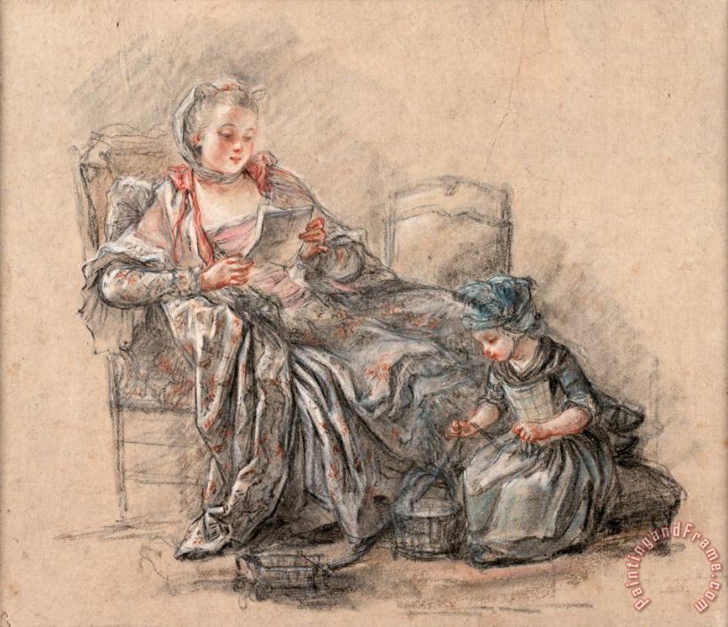 Francois Guerin Woman Reading And a Girl Playing (presumably The Marquise De Pompadour with Her Daughter Alexandrine), 1748 Art Print