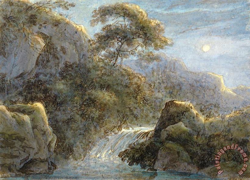 Franz Innocenz Kobell Waterfall in The Mountains by Moonlight Art Print
