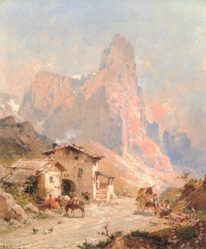 Franz Richard Unterberger Figures in a Village in The Dolomites Art Print