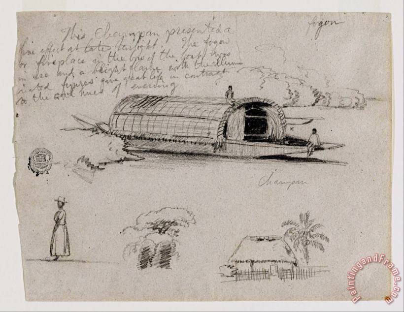 Sketches From Colombia River Craft (champan), a Woman, Group of Trees, a House painting - Frederic Edwin Church Sketches From Colombia River Craft (champan), a Woman, Group of Trees, a House Art Print