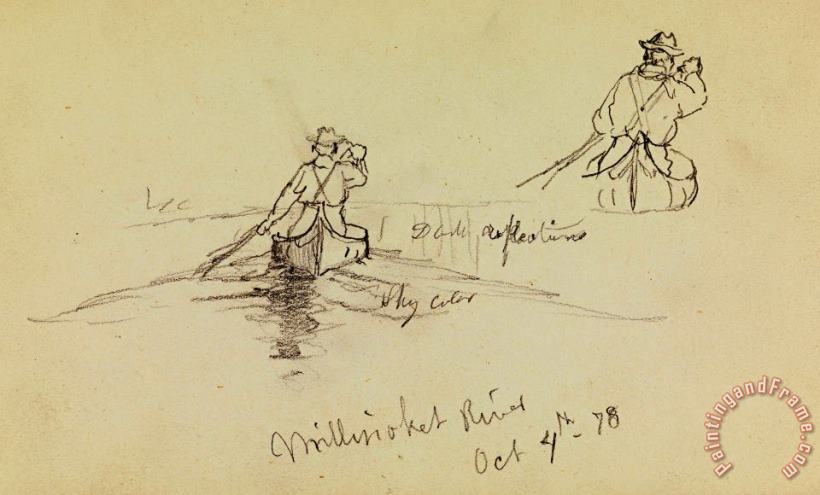 Frederic Edwin Church Studies of Man Paddling Canoe on Millinocket River Art Print