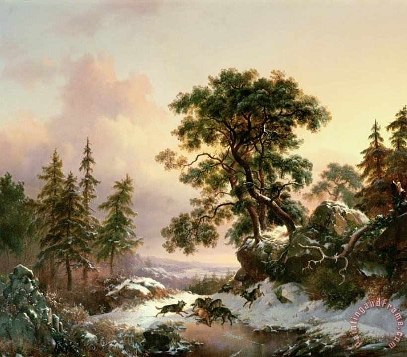 Frederick Marianus Kruseman Wolves in a Winter Landscape Art Painting