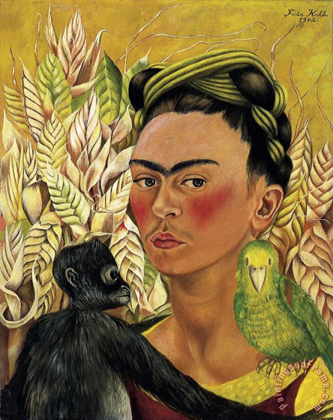 Frida Kahlo Autorretrato Con Chango Y Loro (self Portrait with Monkey And Parrot) Art Painting