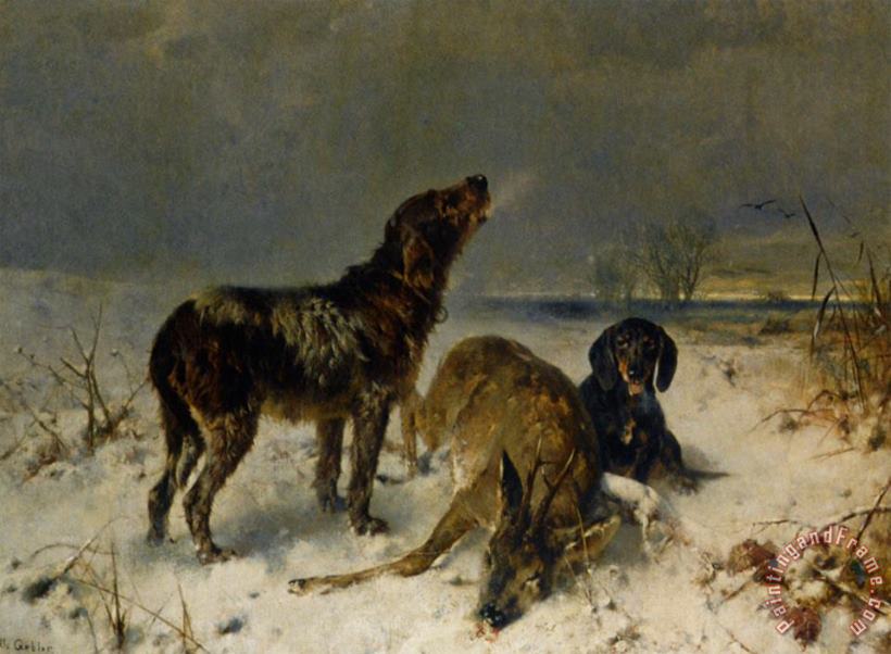 Friedrich Otto Gebler Two Hunting Dogs with Their Catch Art Painting