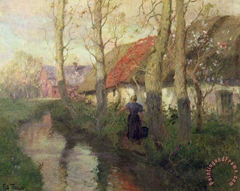 Fritz Thaulow A French River Landscape With A Woman By Cottages Art Print