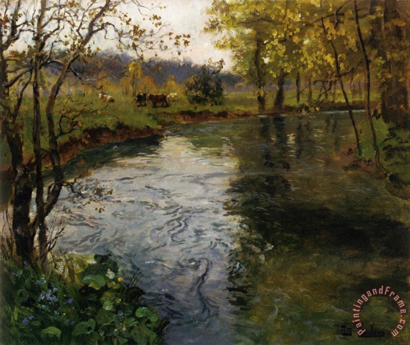Fritz Thaulow Landscape with Cows by a Stream Art Painting