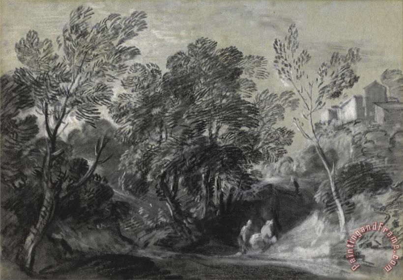 Gainsborough, Thomas Wooded Landscape with Figures And Houses on The Hill Art Painting