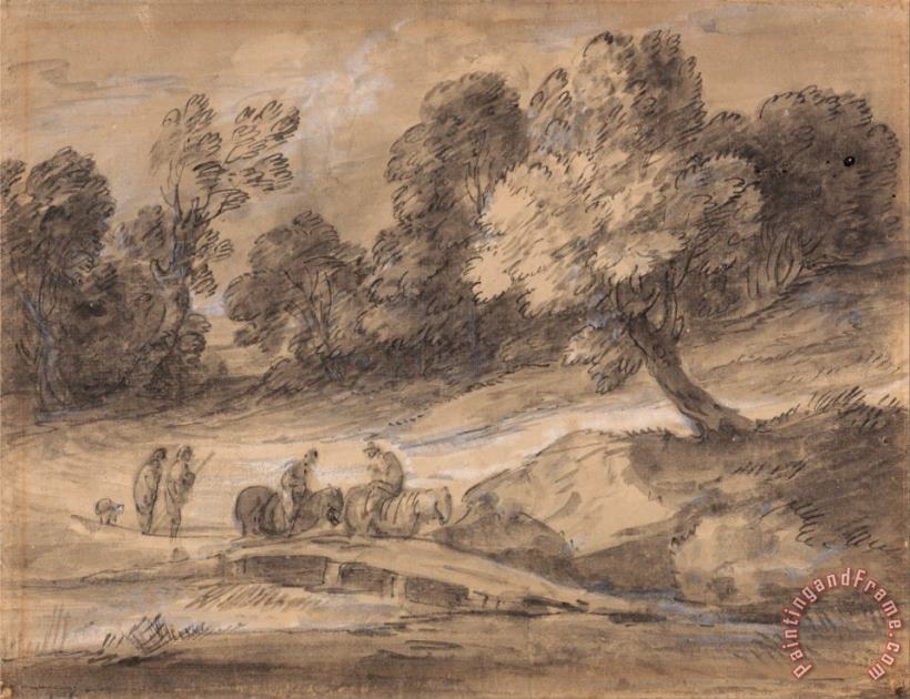 Gainsborough, Thomas Wooded Landscape with Figures on Horseback Crossing a Bridge Art Print