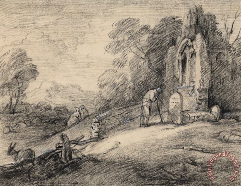 Wooded Landscape with Peasant Reading an Inscription on a Tombstone Beside a Ruined Church, Figures,... painting - Gainsborough, Thomas Wooded Landscape with Peasant Reading an Inscription on a Tombstone Beside a Ruined Church, Figures,... Art Print