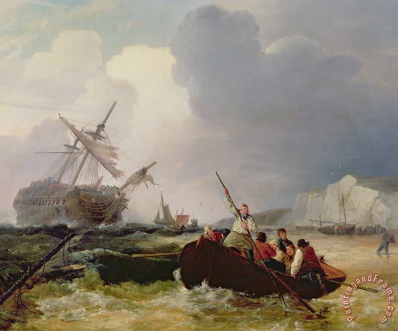 George Chambers Rowing Boat Going to the Aid of a Man-o'-War in a Storm Art Painting