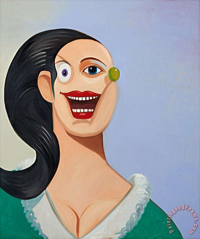 George Condo Smiling Girl with Black Hair Art Painting