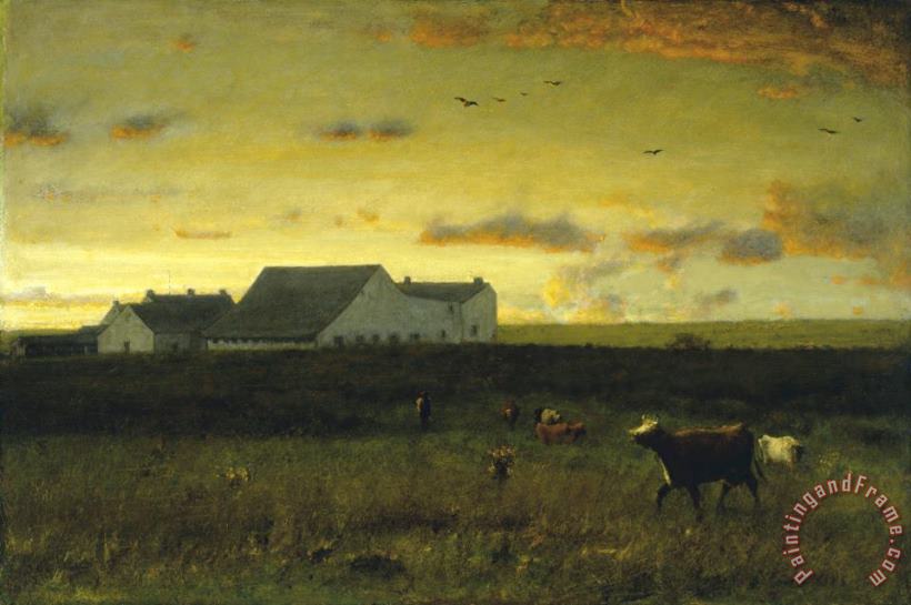 George Inness Farm Landscape, Cattle in Pasture Sunset Nantucket Art Painting