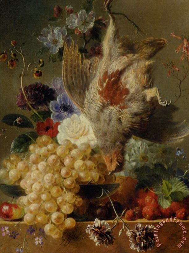 George Jacobus Johannes Van Os Grapes Strawberries Chestnuts an Apple And Spring Flowers Art Print