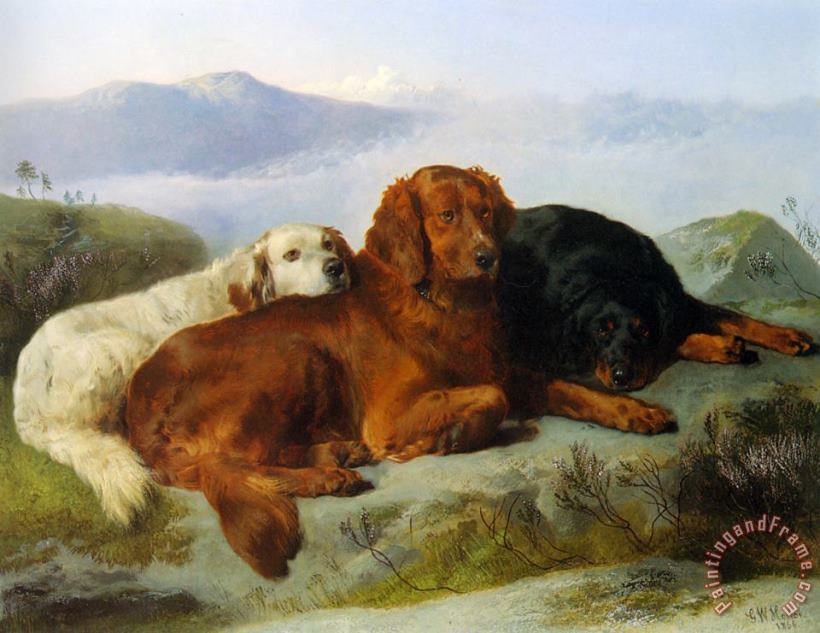 A Golden Retriever, Irish Setter, And a Gordon Setter in a Mountainous Landscape painting - George W. Horlor A Golden Retriever, Irish Setter, And a Gordon Setter in a Mountainous Landscape Art Print