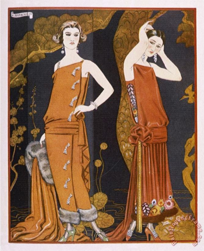 Georges Barbier Orientally Inspired Gowns by Worth in Lacquer Reds Art Painting
