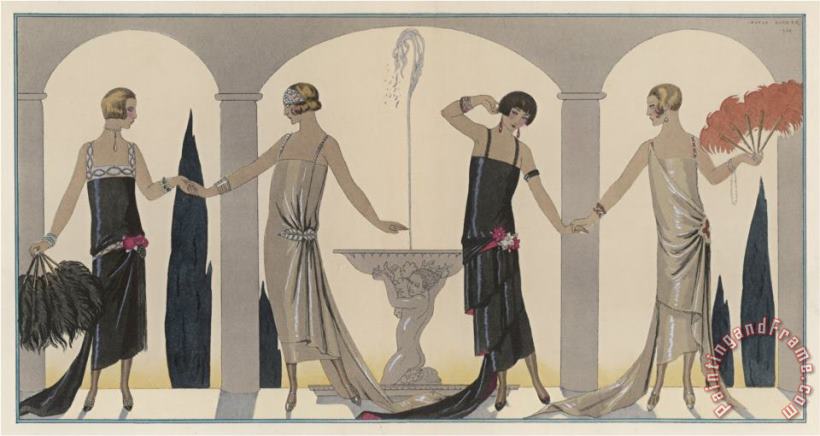 Sensually Draped Dresses with Narrow Beaded Straps Square Necklines And Detailing Over One Hip painting - Georges Barbier Sensually Draped Dresses with Narrow Beaded Straps Square Necklines And Detailing Over One Hip Art Print